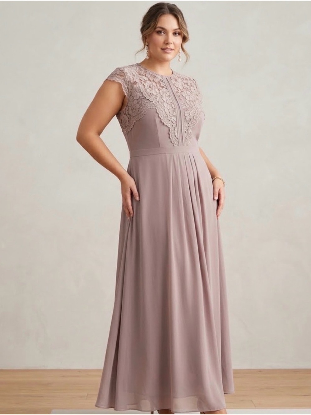City Chic Elegant Lace Bodice Chiffon Maxi Dress in Mushroom NWT L 20